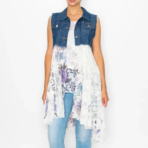 new ORIGAMI DUSTER CARDIGAN VEST FLORAL DENIM & LACE SM-3X western boho chic - Picture 1 of 10